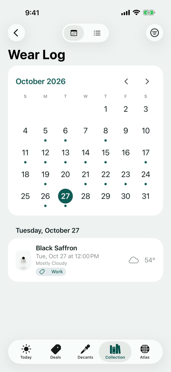 Scentible Wear Log as a month calendar with the bottle worn each day